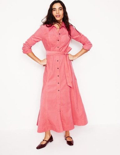 Boden Mila Cord Midi Shirt Dress in Azalea Pink ~ women’s long sleeve tie waist fit and flare corduroy dresses