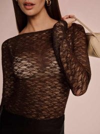 Reformation Adriano Lace Knit Top in Mocha Lace – fitted brown semi sheer tops