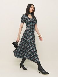 Reformation Chrissie Dress in Moreno – short sleeve check print fit and flare midi dresses