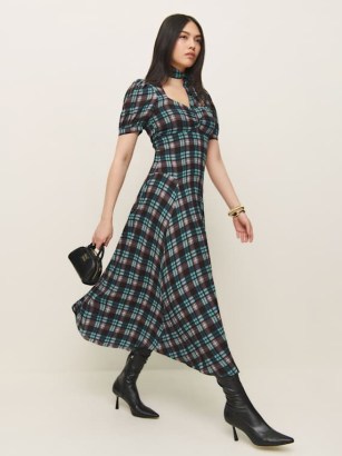 Reformation Chrissie Dress in Moreno – short sleeve check print fit and flare midi dresses