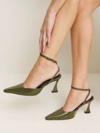 Reformation Natasha Pump in Pickle Patent ~ strappy glossy green ankle strap pumps ~ shiny snip toe shoes