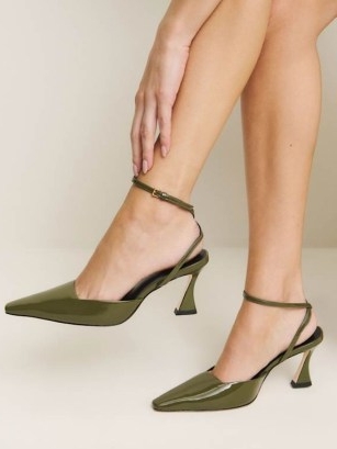 Reformation Natasha Pump in Pickle Patent ~ strappy glossy green ankle strap pumps ~ shiny snip toe shoes