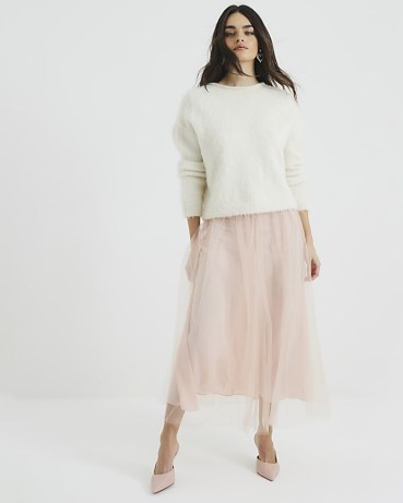 RIVER ISLAND Pink Tulle Mesh Midi Skirt ~ sheer mesh overlay skirts