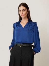 JIGSAW Recycled Satin Ruffle Top in Blue ~ women’s silky ruffled tops ~ fluid fabric blouse