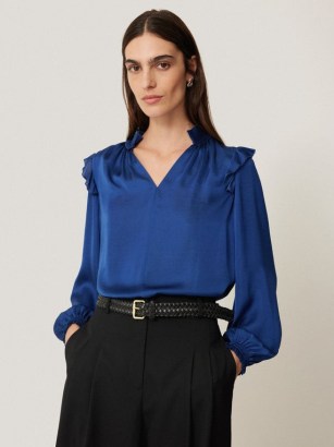 JIGSAW Recycled Satin Ruffle Top in Blue ~ women’s silky ruffled tops ~ fluid fabric blouse