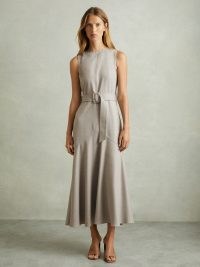 REISS Danni Belted Flared Midi Dress in Grey ~ chic occasionwear ~ sophisticated sleeveless fit and flare occasion dresses