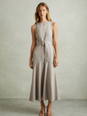 REISS Danni Belted Flared Midi Dress in Grey ~ chic occasionwear ~ sophisticated sleeveless fit and flare occasion dresses