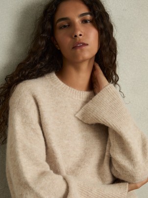 Reiss Birdie Brushed Crew-Neck Jumper With Alpaca Wool in Neutral | womens round neck drop shoulder slit cuff jumpers | women’s luxe soft feel sweater