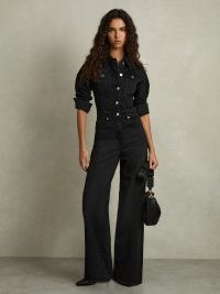 REISS Celeste Cotton-Blend Denim Relaxed-Fit Jumpsuit in Black ~ long sleeve collared jumpsuits