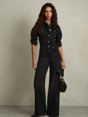 REISS Celeste Cotton-Blend Denim Relaxed-Fit Jumpsuit in Black ~ long sleeve collared jumpsuits