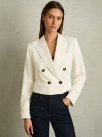 REISS Millie Double-Breasted Cropped Blazer in Cream ~ women’s off white crop hem occasion blazers ~ womens chic evening jacket