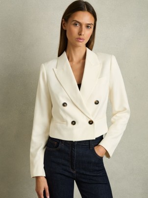 REISS Millie Double-Breasted Cropped Blazer in Cream ~ women’s off white crop hem occasion blazers ~ womens chic evening jacket