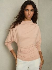 REISS Daisy Draped Jersey Long-Sleeve Top in Blush ~ light pink drape detail tops ~ chic clothing