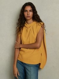 REISS Simone Drape-Neck Shell Top in Yellow ~ chic drape detail tops