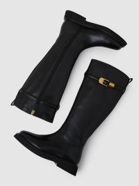 REISS Briony Leather Buckled Knee-High Boots in Black ~ women’s chic gold tone buckle winter boot