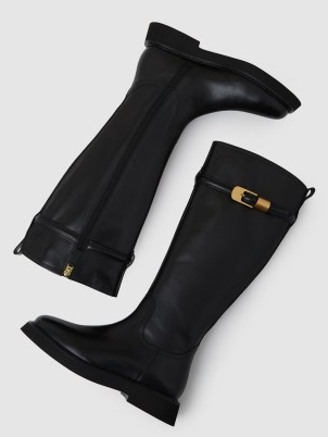 REISS Briony Leather Buckled Knee-High Boots in Black ~ women’s chic gold tone buckle winter boot