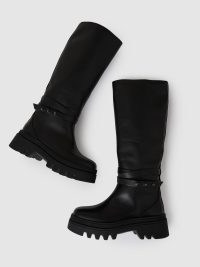 REISS Albany Leather Chunky Flat Knee-High Boot in Black ~ womens thick lug sole strap detail boots