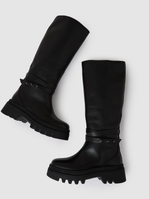 REISS Albany Leather Chunky Flat Knee-High Boot in Black ~ womens thick lug sole strap detail boots