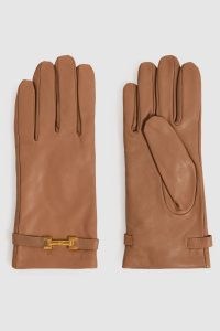 REISS Harriet Leather Hardware-Embellished Gloves in Camel ~ women’s luxe light brown winter gloves