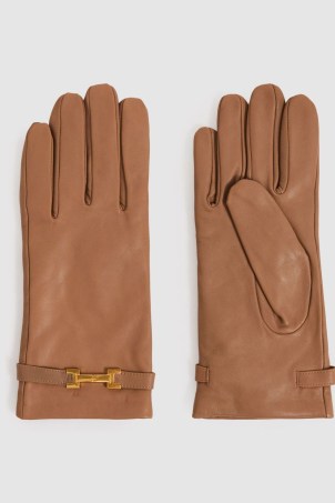 REISS Harriet Leather Hardware-Embellished Gloves in Camel ~ women’s luxe light brown winter gloves