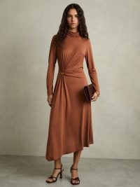 REISS Casey Petite Draped Jersey Midi Dress in Camel ~ brown long sleeve high neck drape detail occasion dresses ~ women’s chic asymmetric evening clothes