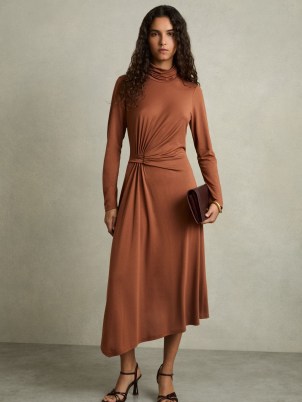 REISS Casey Petite Draped Jersey Midi Dress in Camel ~ brown long sleeve high neck drape detail occasion dresses ~ women’s chic asymmetric evening clothes