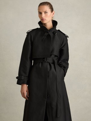 Reiss August Petite Gabardine Trench Coat with Cotton in Black | women’s belted midi coats