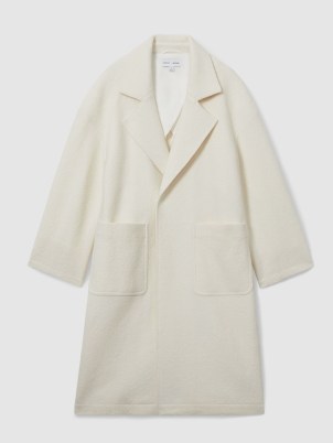 Reiss | Les 100 Ciels Aspen Boiled-Wool Bouclé Coat in Cream | women’s luxury off white relaxed fit coats