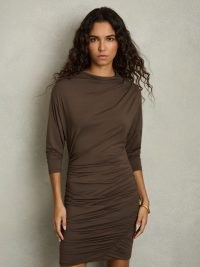 REISS Ari Ruched Jersey Mini Dress in Mink ~ brown twisted side seam evening dresses ~ chic evening clothes ~ date night fashion