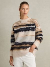 Emily Striped Crew-Neck Jumper With Mohair in Cream/Camel | women’s luxe neutral stripe jumpers