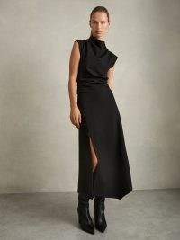 REISS Harlan Twill-Jersey Draped Midi Dress in Black ~ cap sleeve high cowl neck asymmetric hemline dresses