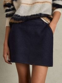 Reiss Elise Wool-Blend Topstitched Mini Skirt in Navy | women’s short dark blue skirts