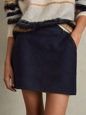 Reiss Elise Wool-Blend Topstitched Mini Skirt in Navy | women’s short dark blue skirts