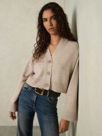 Reiss Rixy Wool-Cashmere Cropped Cardigan in Oatmeal | women’s relaxed boxy soft feel cardigans