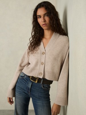 Reiss Rixy Wool-Cashmere Cropped Cardigan in Oatmeal | women’s relaxed boxy soft feel cardigans