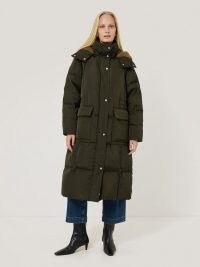 JIGSAW Relaxed Longline Puffer Coat in Dark Khaki ~ women’s green padded midi length coats ~ ladies winter outerwear