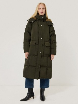 JIGSAW Relaxed Longline Puffer Coat in Dark Khaki ~ women’s green padded midi length coats ~ ladies winter outerwear