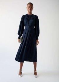 L.K. Bennett Rosanna Blue & Navy Viscose Crepe And Knit Dress – women’s long sleeve fit and flare midi legth occasion dresses