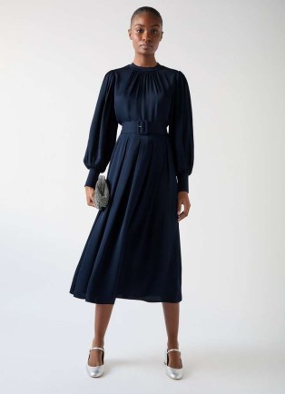 L.K. Bennett Rosanna Blue & Navy Viscose Crepe And Knit Dress – women’s long sleeve fit and flare midi legth occasion dresses