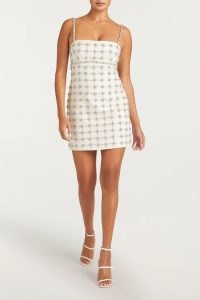 Cinq à Sept Satine Dress in Ivory Silver | embellished skinny shoulder strap mini length party dresses