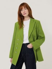 JIGSAW Silver Button Military Jacket in Green ~ ladies longline tailored jackets ~ women’s double breasted blazer