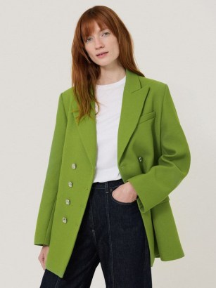 JIGSAW Silver Button Military Jacket in Green ~ ladies longline tailored jackets ~ women’s double breasted blazer