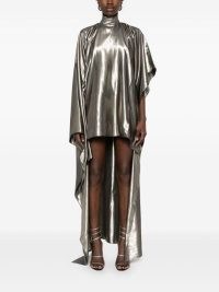 Taller Marmo Gold Euphrates Dress in Gold Tone ~ long length asymmetric occasion dresses ~ metallic evening event clothes ~ high low dip hem ~ wide asymmetrical sleeves