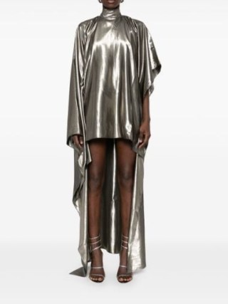 Taller Marmo Gold Euphrates Dress in Gold Tone ~ long length asymmetric occasion dresses ~ metallic evening event clothes ~ high low dip hem ~ wide asymmetrical sleeves