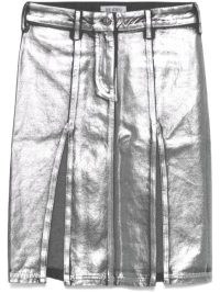 The Attico Coated Denim Midi Skirt in Silver Tone | metallic front slit skirts