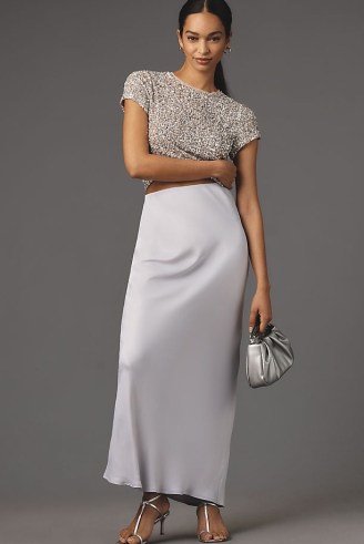 The Tilda Maxi Slip Skirt in Silver ~ silky long length bias cut skirts