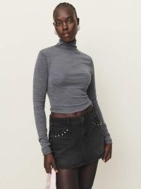 Reformation Hazel Low Rise Denim Mini Skirt in Vana Studded ~ black stud embellished skirts