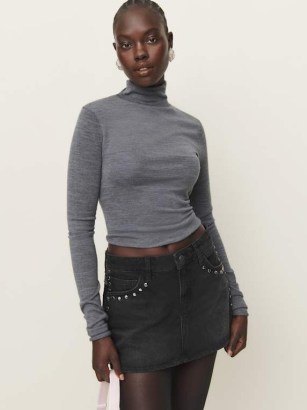 Reformation Hazel Low Rise Denim Mini Skirt in Vana Studded ~ black stud embellished skirts