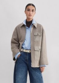 ME and EM Super Soft Wool Relaxed Jacket in Beige ~ women’s collared utility style zip up jackets