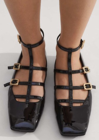 me and em Caged T-Bar Ballerina Flat in Black Patent Leather ~ strappy square toe ballerinas ~ glossy buckled ankle strap flats